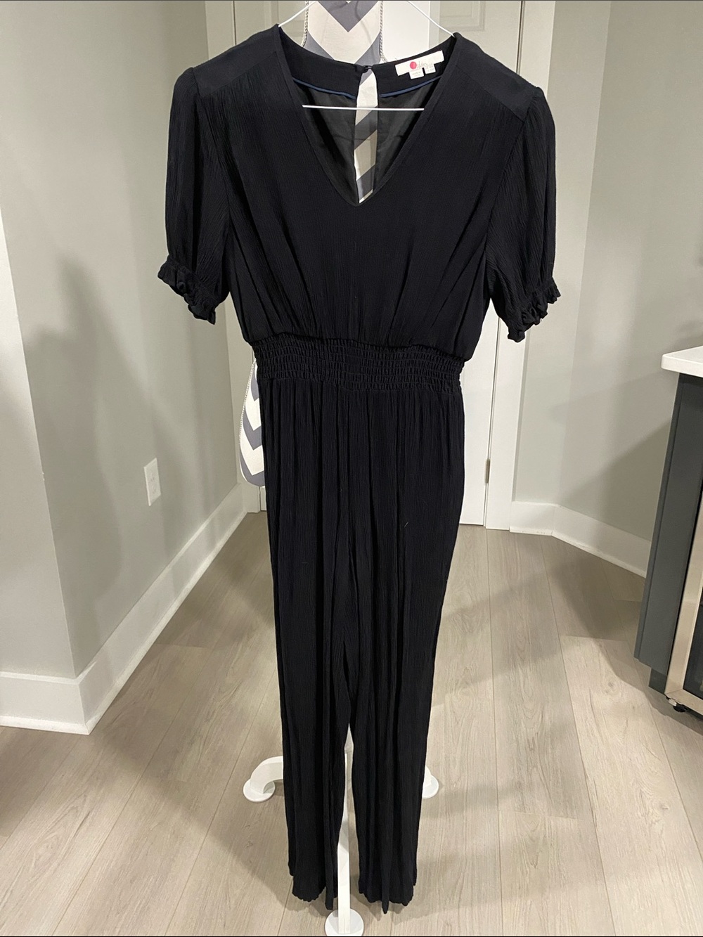 Boden Black V-Neck Smocked-Waist Jumpsuit